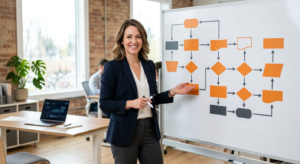 בעל עסק בונה תהליכים עסקיים נכונים על לוח תכנון