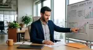 בעל עסק מצליח עובד על תכנית אסטרטגית במשרד מודרני