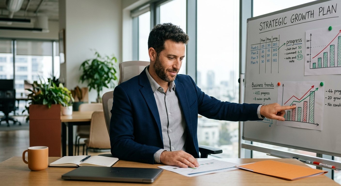 בעל עסק מצליח עובד על תכנית אסטרטגית במשרד מודרני