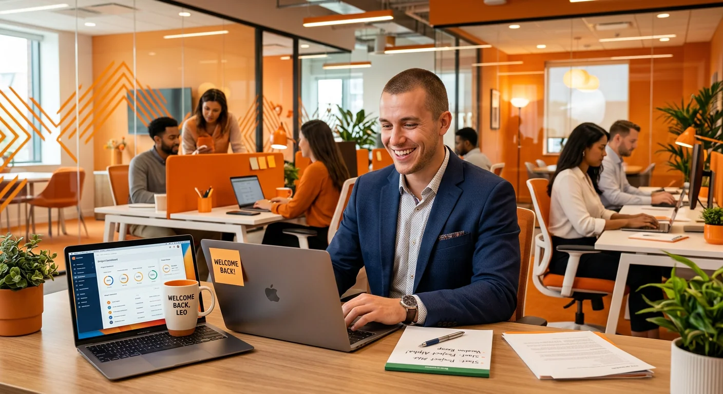 תמונה של משרד עסקי מודרני עם אנשים עובדים באנרגיה, גוונים כתומים