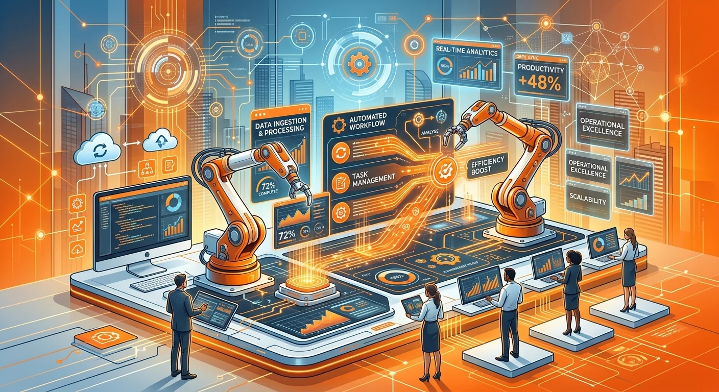 אילוסטרציה של אוטומציה עסקית עם מחשבים וזרימת עבודה דיגיטלית