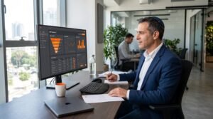 בעל עסק מנהל מערכת CRM על מחשב במשרד מודרני