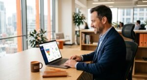 בעל עסק עובד על אוטומציה של תהליכי מכירה במסך CRM