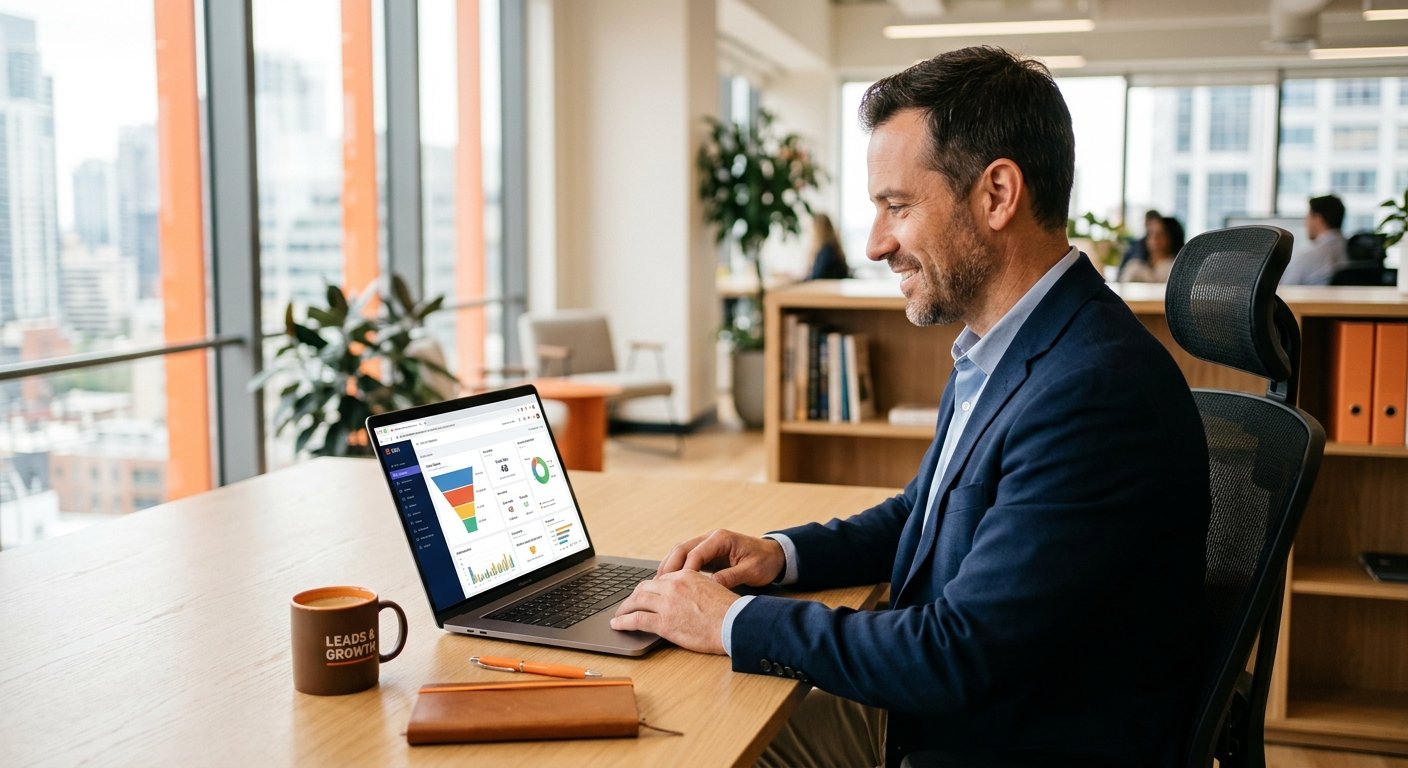 בעל עסק עובד על אוטומציה של תהליכי מכירה במסך CRM